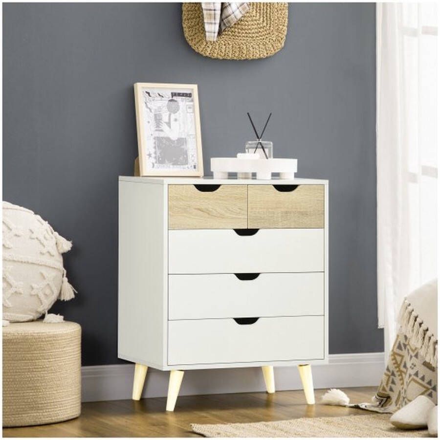 ZAZA Home Ladekast met 5 laden zijkast lade kast bijboard voor woonkamer slaapkamer spaanbord wit+lichtbruin 60 x 40 x 77 5 cm