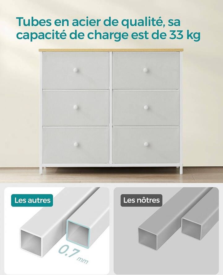 ZAZA Home Ladekast Met Stoffen Lades Opbergkast Met 6 Lades İndustriële Stijl Stalen Frame Dienblad Voor Slaapkamer Hal Wit En Hout Kleur