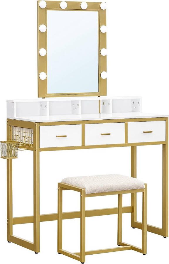 ZAZA Home Toilettafel met verlichting kaptafel met kruk cosmeticatafel 10 led gloeilampen spiegel instelbare helderheid voor slaapkamer modern wit en goudkleurig