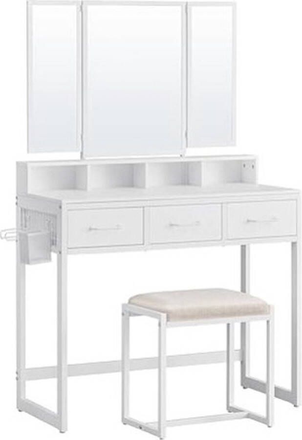 ZAZA Home Make -uptafel met gestoffeerde ontlasting kaptafel met drievoudige spiegel 3 laden haardrogerhouder cosmetische tafel moderne stijl wit RVT004W14