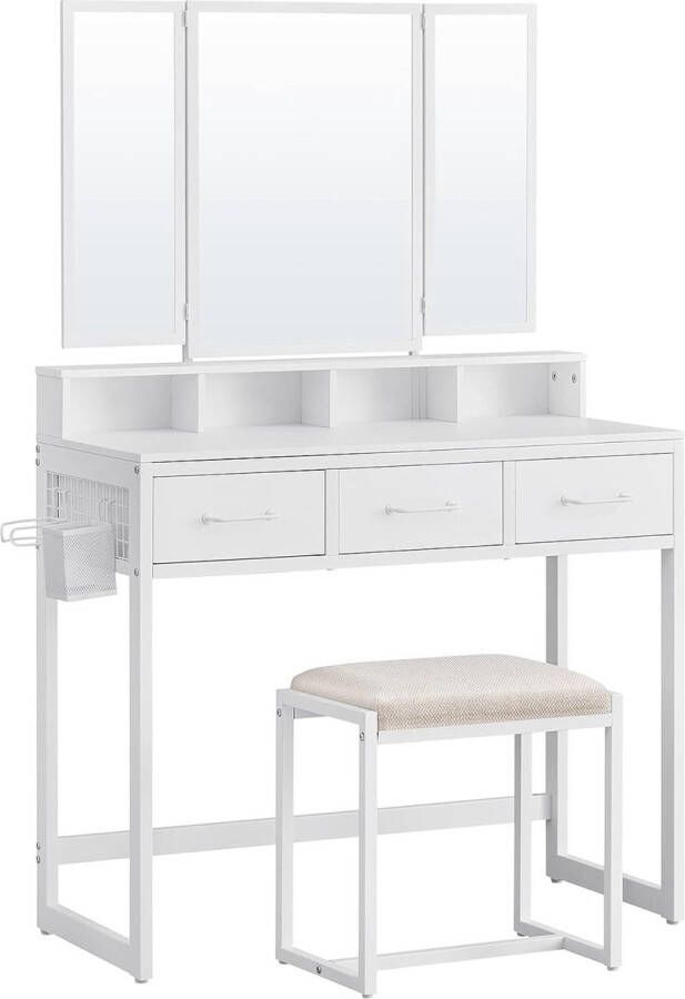 ZAZA Home Moderne Make-Up Kaptafel Met Kruk 3 Spiegel 3 Laden Haardrogerhouder En Wit Design Perfect Voor Thuisgebruik