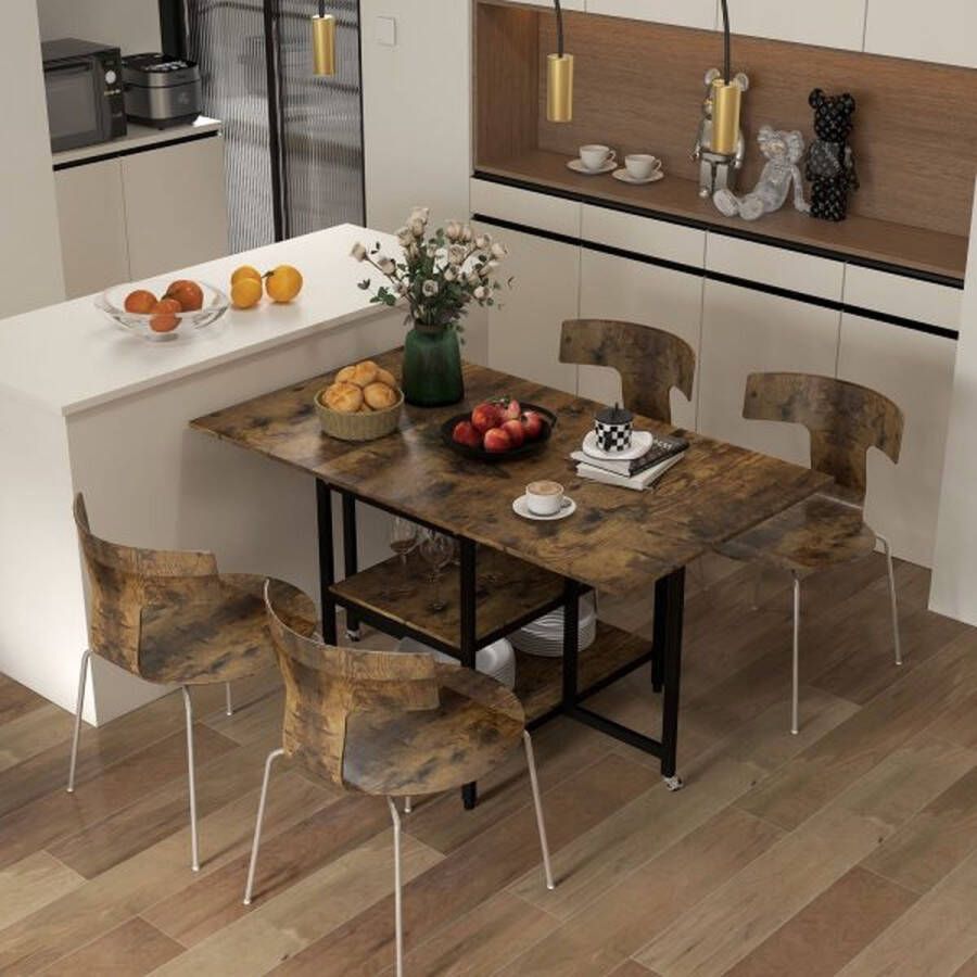 ZAZA Home Opvouwbare Eettafel met Wielen 140 x 80 cm Keukentafel met 2 Planken voor 2-6 Personen Eetkamertafel Staal Rustiek Bruin