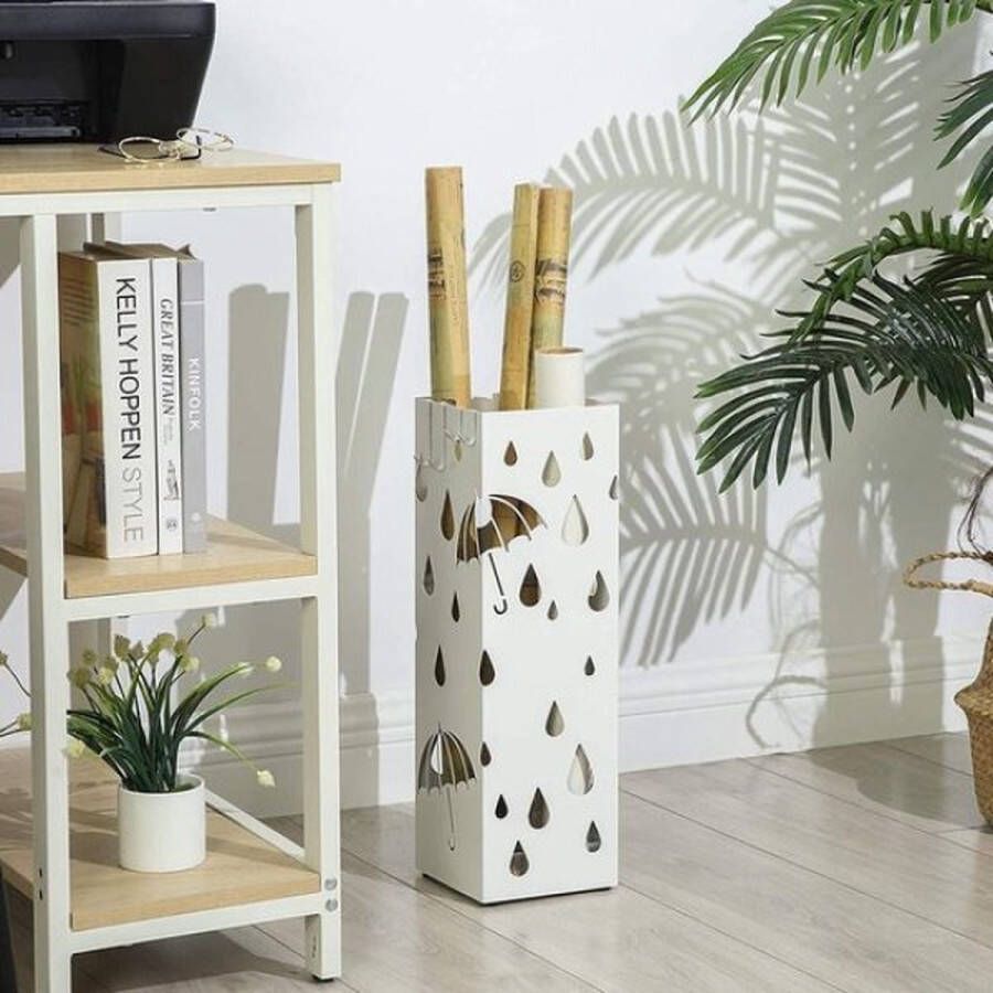 ZAZA Home Paraplubak van metaal vierkante paraplubak verwijderbare wateropvangbak met haak 15 5 x 15 5 x 49 cm wit LUC49W
