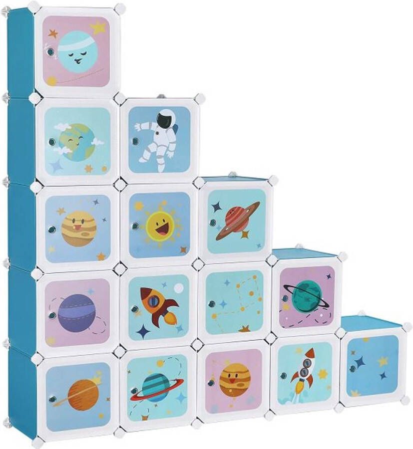 ZAZA Home SONGMICS rekkensysteem met 15 kubussen opbergkast voor kinderen boutloze rekken plastic schoenenrek garderobe met deuren multifunctioneel schoenen speelgoed 153 x 31 x 153 cm blauw LPC902Q01