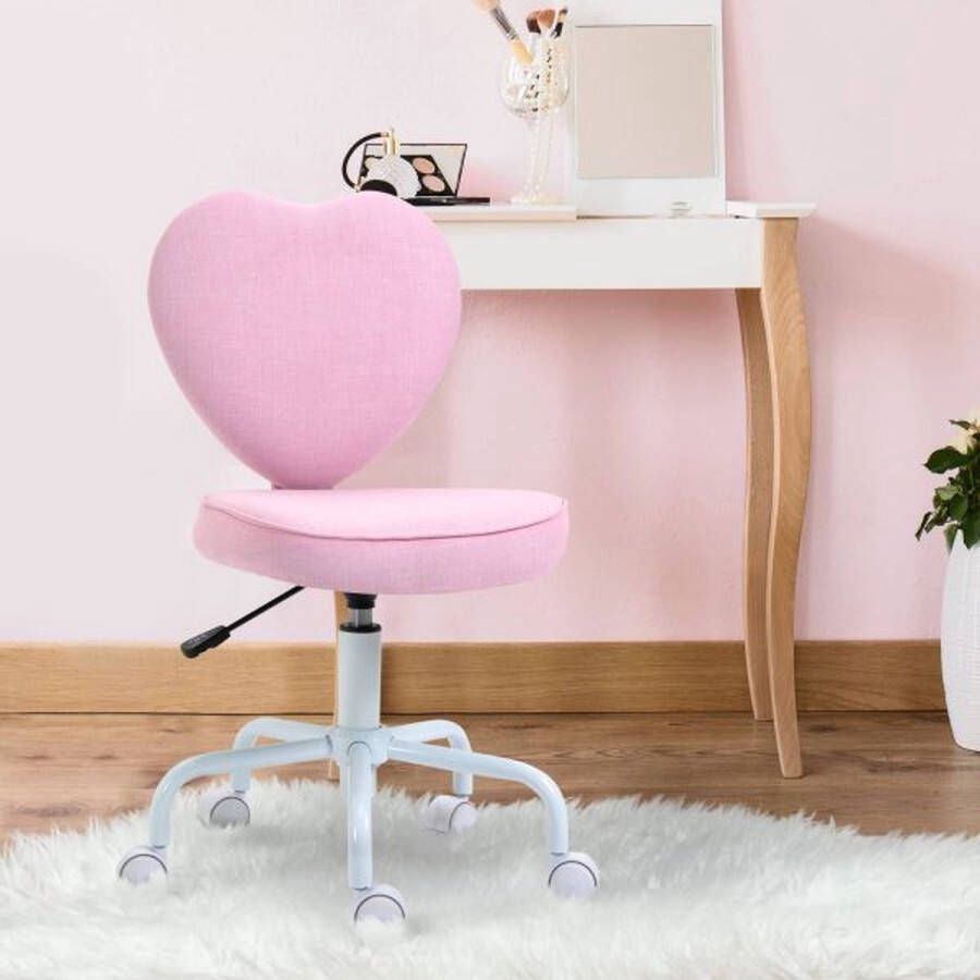 ZAZA Home Roterende stoel Chief Fauteuil Computerstoel Zit Opeenvorming Schattige hartvormige vulling roze linnen stof 40 x 50 79-89 cm