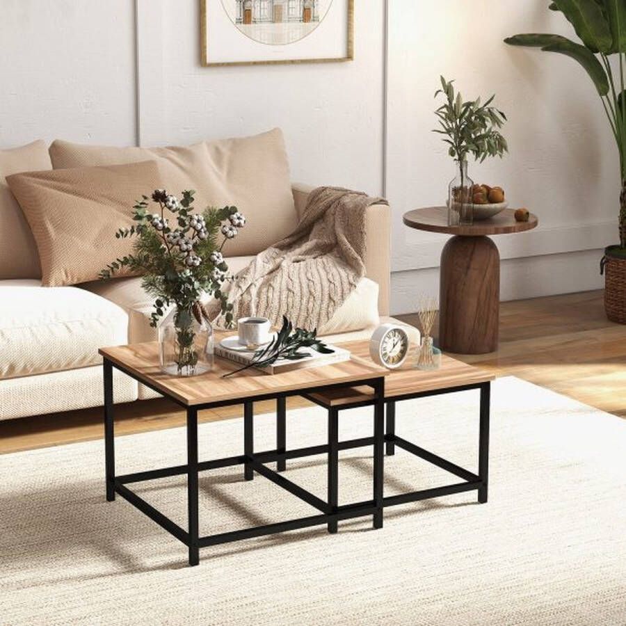 ZAZA Home Salontafel 2 set bijzettafel salontafel gezet tafel zachter in industrieel ontwerp woonkamertafel met houten look staal natuur