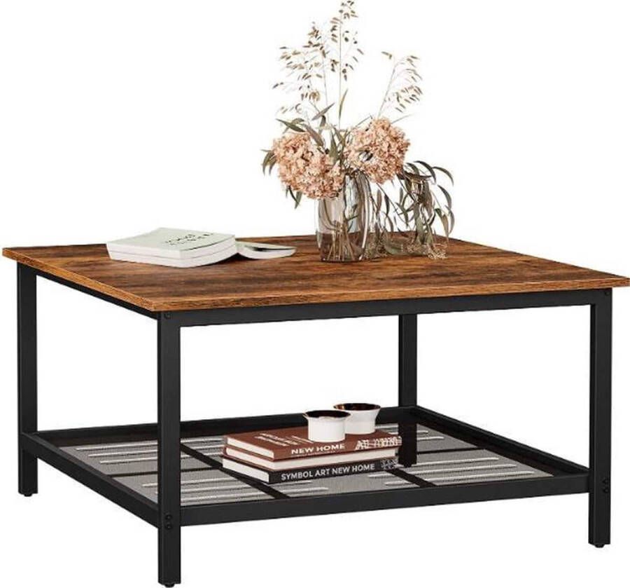 ZAZA Home salontafel gemaakt van staal met rasterplank vierkant industrieel ontwerp voor woonkamer vintage bruin-zwart