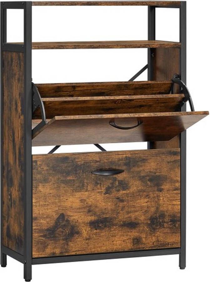 ZAZA Home VASAGLE LBS800B01 Schoenenkast met 2 compartimenten schoenenrek schoenenkast met 2 compartimenten schoenenrekken gang voor 8-12 paar schoenen ruimtebesparend 60 x 30 x 95 cm vintage bruin zwart