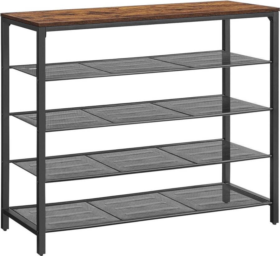 ZAZA Home Schoenenrek met 4 roosterniveaus en royaal oppervlak voor tassen voor de entree hal metaal industrieel design 30 x 120 x 92 5 cm vintabruin-zwart