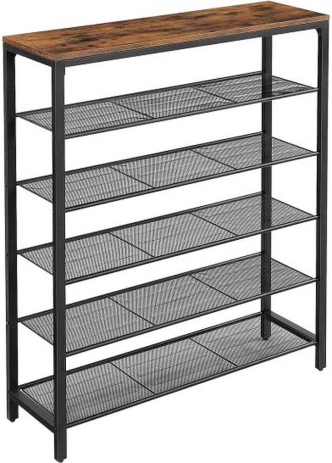ZAZA Home Schoenenrek met 5 rasterniveaus en een royaal oppervlak voor de ingang de gang het metalen frame het industriële ontwerp vintage bruin en zwart