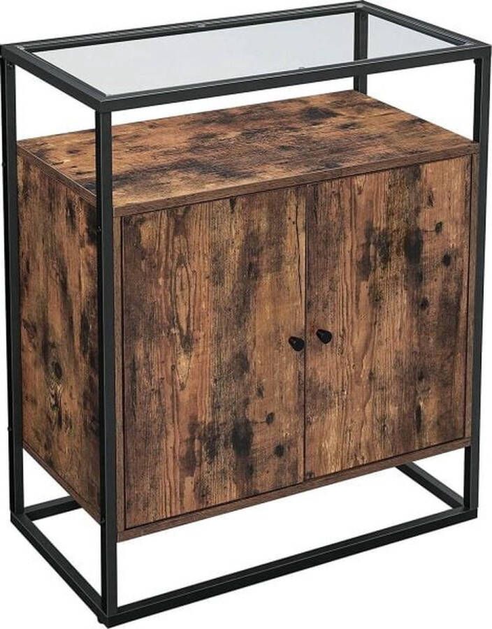 ZAZA Home Sideboard bijzetkast dressoir keukenkast met glazen oppervlak woonkamer hal kantoor stabiel stalen frame gehard glas industrieel design vintage bruin-zwart LSC013B01