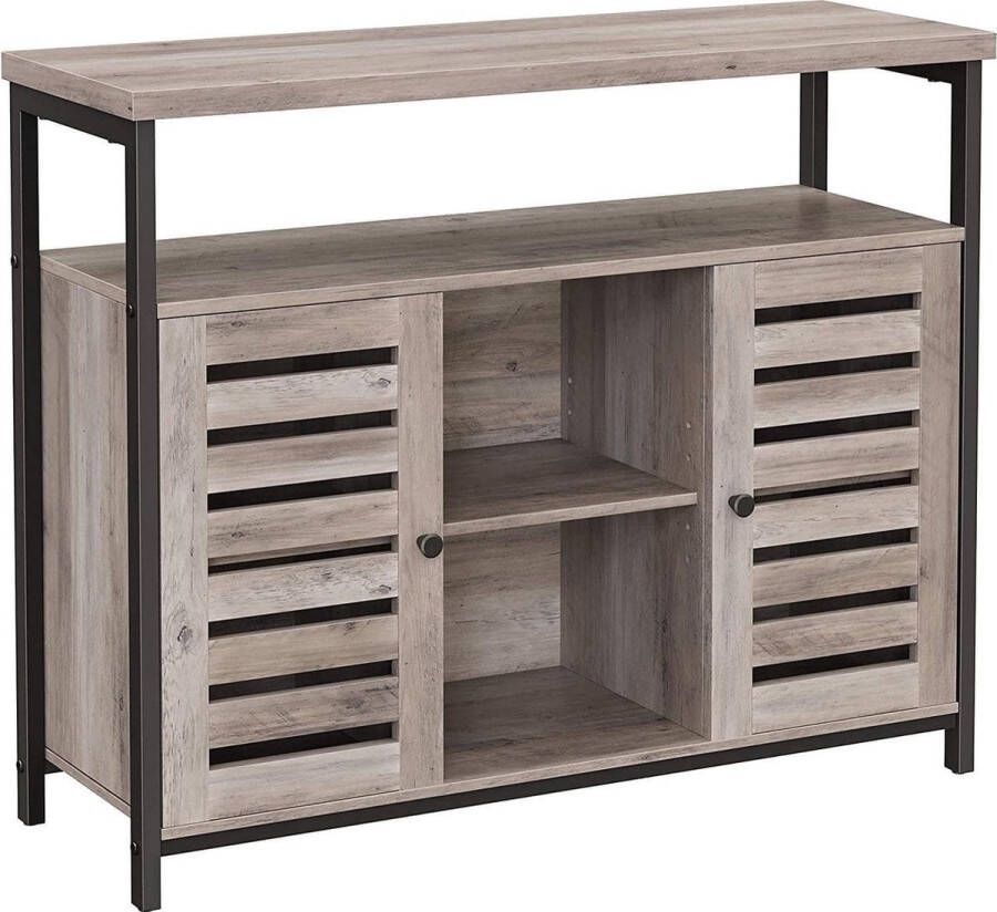 ZAZA Home Sideboard Bijzetkast Keukenkast Met Open Planken Gangkast Commode Met Lamellendeuren Woonkamer Eetkamer Kantoor Hal İndustrieel Design Grijs Zwart