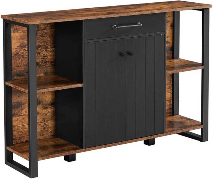 ZAZA Home Sideboard Keukenkast Met Lade Bijzetkast Met Deuren Multifunctionele Kast Metalen Frame Kast Vintabruin-Zwart