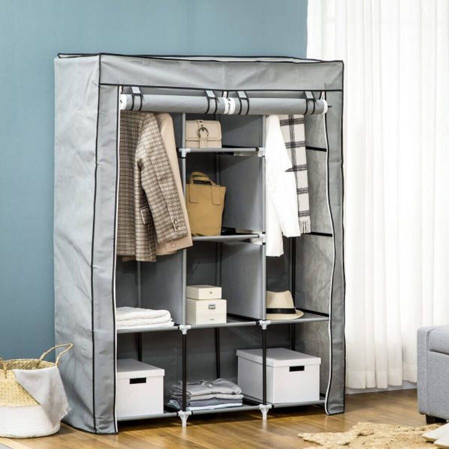 ZaZa Home & Office Stoffenkast garderobe met kledingstokken 8 niveaus vouwkast opvouwbare garderobe voor slaapkamers gang fleece lichtgrijs