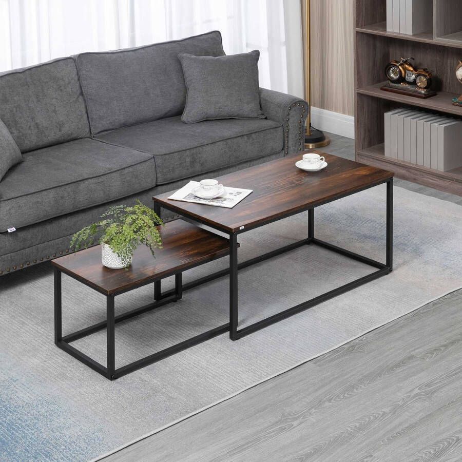 ZAZA Home Sustentabel 2 Set industrieel ontwerp bijzettafel met metalen frame salontafel bank bruin+zwart 90 x 48 x 49 cm