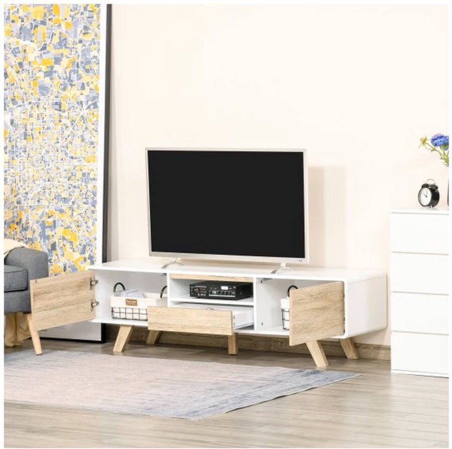 ZAZA Home TV Cabinet TV Lowboard Lades voor televisie kleiner dan 60 '' met push-in-design lade woonkamer mdf wit+natuur 160 x 40 x 45 cm