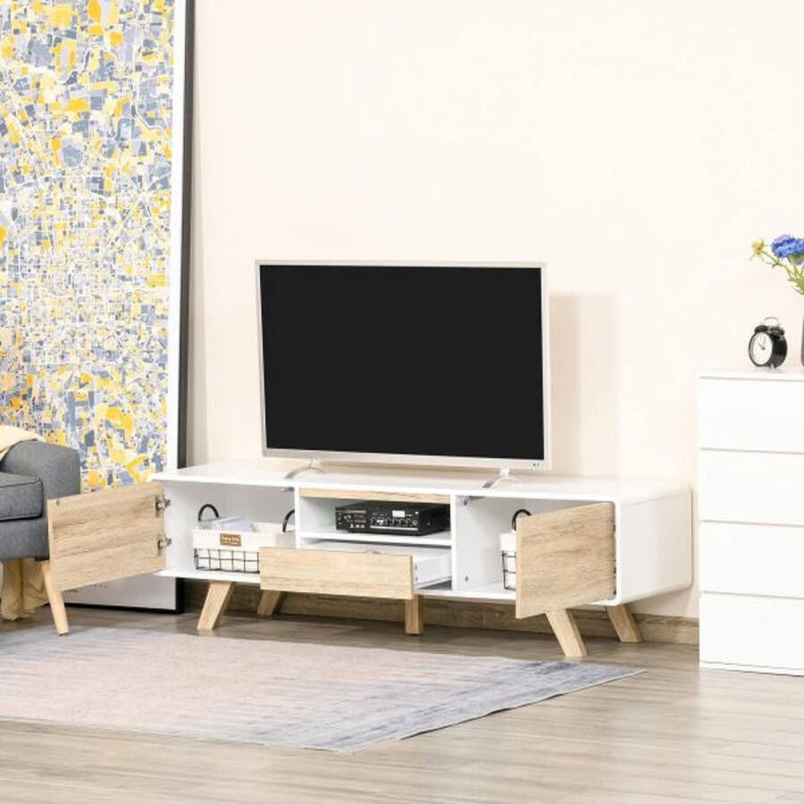 ZAZA Home TV Cabinet TV Lowboard Lades voor televisie kleiner dan 60 '' met push-in-design lade woonkamer mdf wit+natuur 160 x 40 x 45 cm