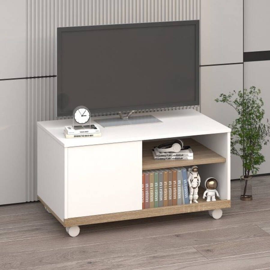 ZAZA Home Tv -kast met 2 rollen tv -ladekast moderne televisietafel met open planken lowboard dressoir spaanbord wit 80 x 45 x 39 5 cm