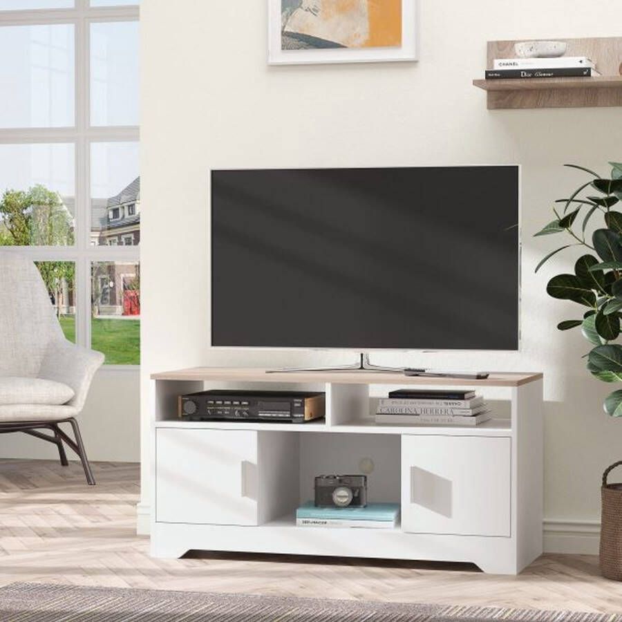 ZAZA Home TV-lowboard tv-kast tv-bank met 2 kasten en 3 open tv-borstkasti tot 50 inch kabelgeleider openen wit+natuurlijk hout 105 x 40 x 52 cm