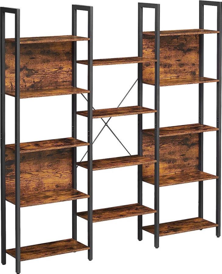 ZAZA Home Vintage Boekenkast met 14 Planken Metalen Frame 158 x 24 x 166 cm Bruin-Zwart Perfect voor Woonkamer Studeerkamer Kantoor en Industrieel Ontwerp