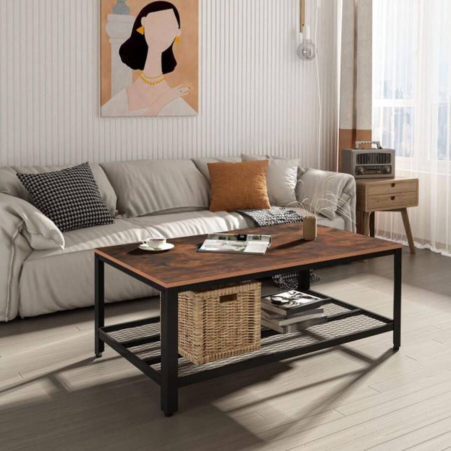 ZAZA Home Vintage salontafel bijzettafel woonkamer tafel sofatisch met plank metalen frame zwart + walnoot gemengd 106 x 60 x 45 cm
