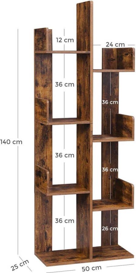 ZAZA Home Vormige Boomvormige Boekenplank Staande Plank Met 8 Vakken Opbergrek 50 X 25 X 140 Cm Met Afgeronde Hoeken Vintage Bruin