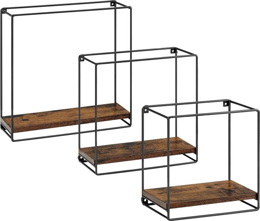 ZAZA Home Wandrek set van 3 wandplank zwevende plank metalen frame vintage bruin-zwart