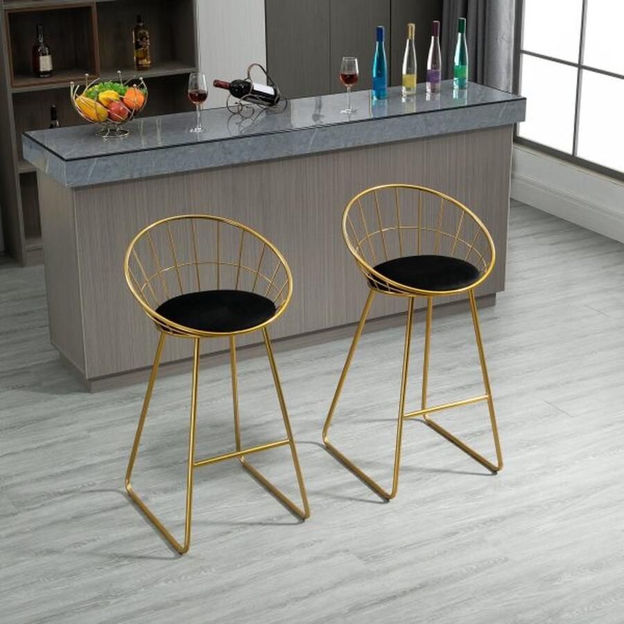 ZAZA Home 2-pc. Bar Stool Keukenkruk met rugleuning Plastic potlood metalen fluweel touch polyester stofschuim goud+zwart 52 5 x 47 x 97 cm