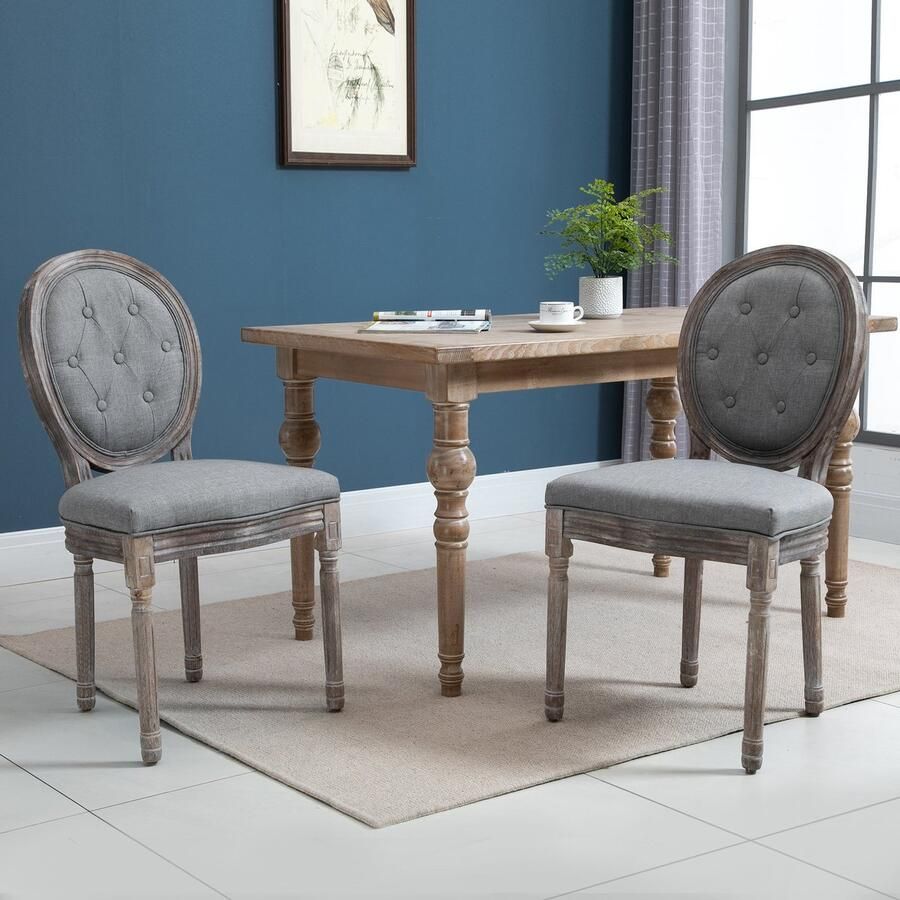 ZAZA Home 2 -persoon stoel set eetkamerstoel stoel met ademende linnen deksel woonkamer stoel in retrostiel rubber hout grijs 50 x 54 5 x 97 cm