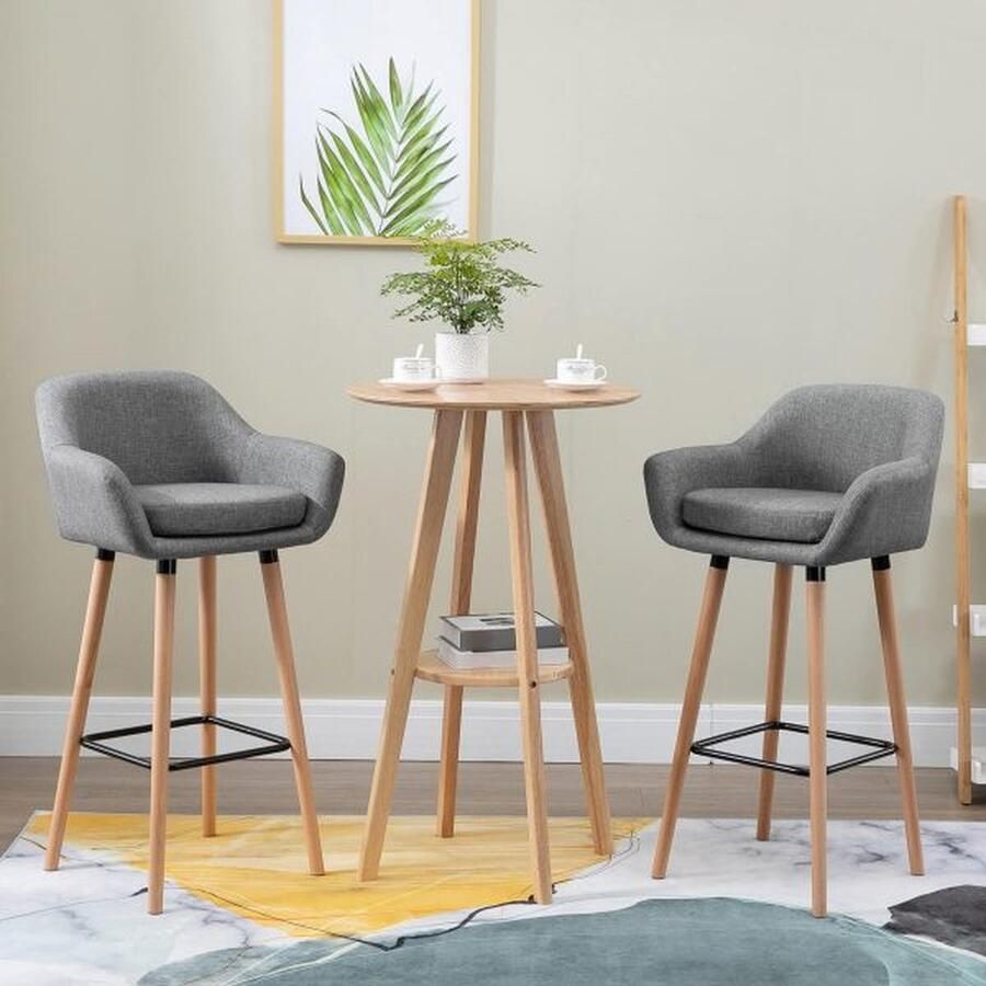 ZAZA Home 2 Set Bar Stool gemaakt van linnen met stoelkussen keukenkruk bistro gocker met voetsteunen beukenhoutpoten barkrukken grijs 55 x 48 x 100 cm