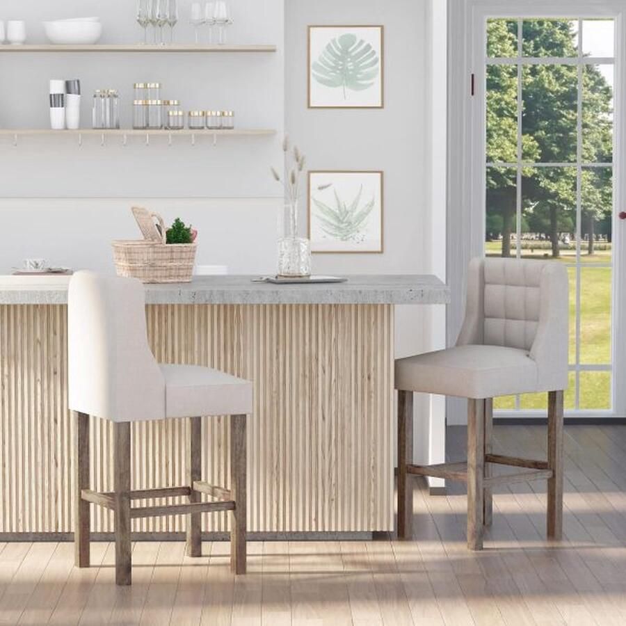ZAZA Home 2 Set Bar Stool Modern Kitchen Stoelen Bar stoelen voor keuken met een lage rugleuning linnen touch rubber hout beige 47 x 50 x 101 cm