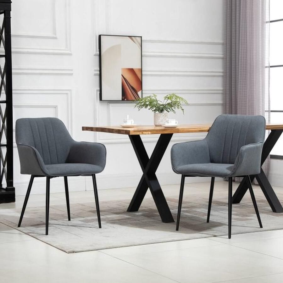 ZAZA Home 2 set eetkamerstoelen met ademende linnen deksel met rugleuning armleuning en metalen benen linnen donkergrijs 59 5 x 56 5 x 81 cm