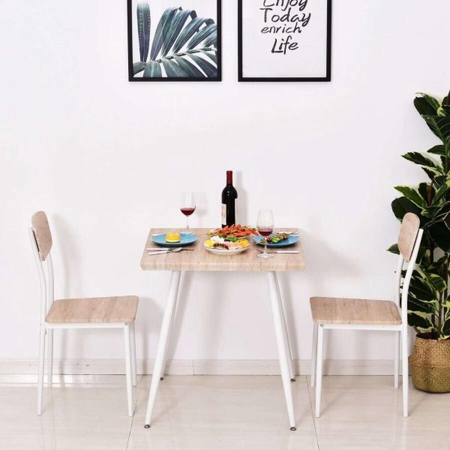 ZAZA Home 3-delige eetgroep zitplaatsen groep eettafel set mdf + metaal natuurlijke houten korrel + wit met 1 tafel + 2 stoelen - Foto 2