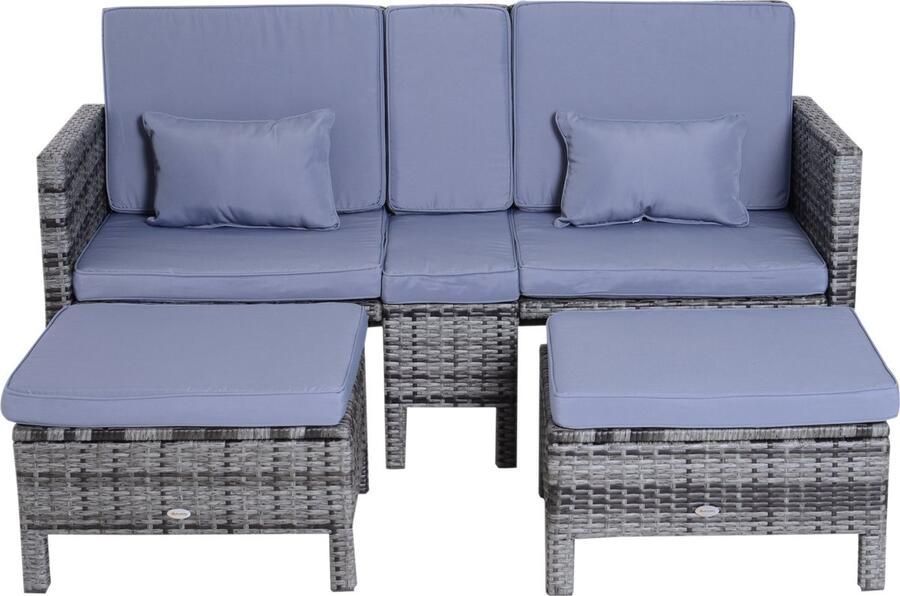 ZAZA Home 3-delige Loungeset voor in de tuin Grijs Polyrotan + Metaal Inclusief 2-zits bank 2x Hocker en Kussens