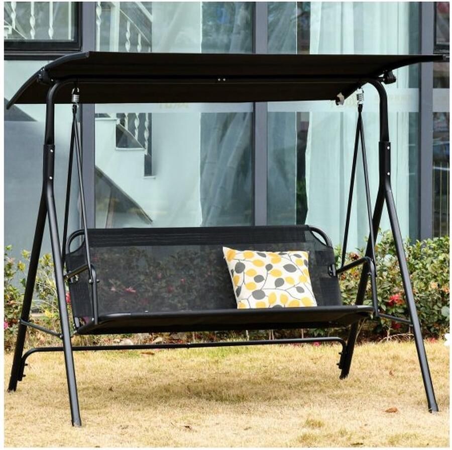 ZAZA Home 3-zits Hollywood Swing Rocking stoel Outdoor Garden Lounger UV-resistente hoogwaardige metalen buishoek-verstelbaar zwart