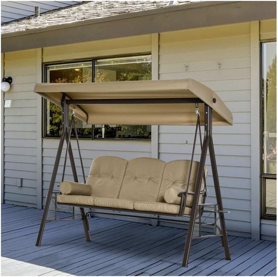 ZAZA Home 3zitter Hollywood Swing Garden Swing met Sunroed Pillow Metal Polyester Khaki 116 x 206 x 183 cm