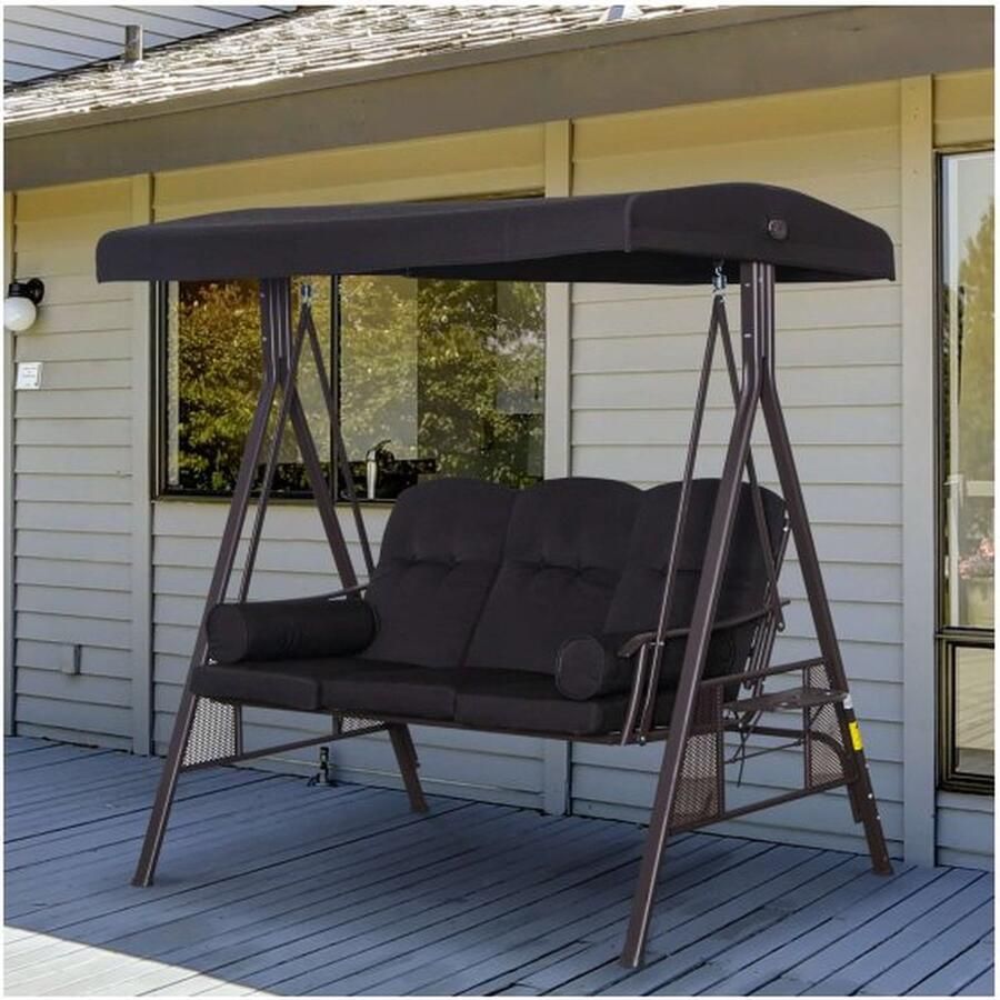 ZAZA Home 3zitter Hollywood Swing Garden Swing met zonnedak metalen polyester van kussenszwart 116 x 206 x 183 cm