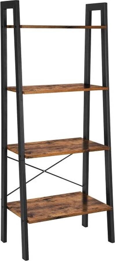 ZAZA Home 4-Laags Boekenrek Met Stalen Frame Rustiek Bruin En Zwart Industriële Stijl Ladderplank Opbergrek Boekenkast