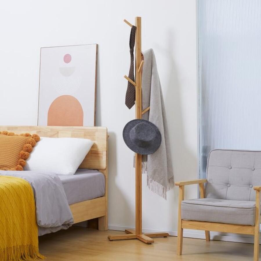 ZAZA Home Bamboe Garderobestandaard met 8 haken Garderobe voor hal slaapkamer hoeden natuur 49 5 x 49 5 x 178 cm