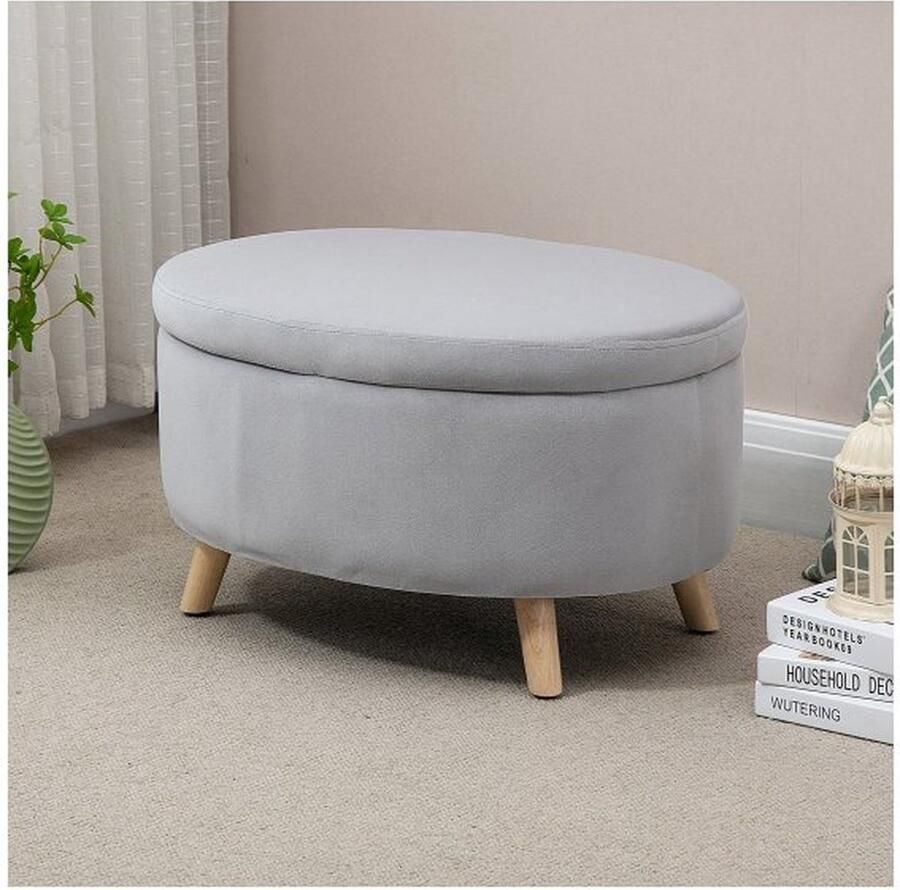 ZAZA Home Bührz gestoffeerde bank met opbergruimte Ovale vorm Stoel Corridor Slaapkamer Woonkamer Velvet -achtig polyester Rubberen hout Lichtgrijs 71 x 51 5 x 42 cm