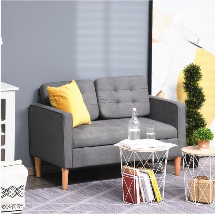 ZAZA Home 2-Zits Stoffen Bankstel Dubbele Bank Afneembare Kussens Rubberhout Katoen Grijs 117 x 62 x 78 cm