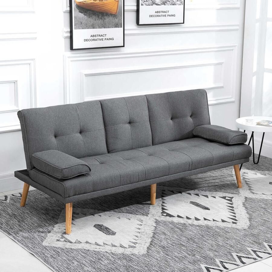 ZAZA Home Sofa 3-zitplaat bank bedbank met een opvouwbare tafel in een linnen look met bekerhouder in Scandi Design tot 250 kg donkergrijs