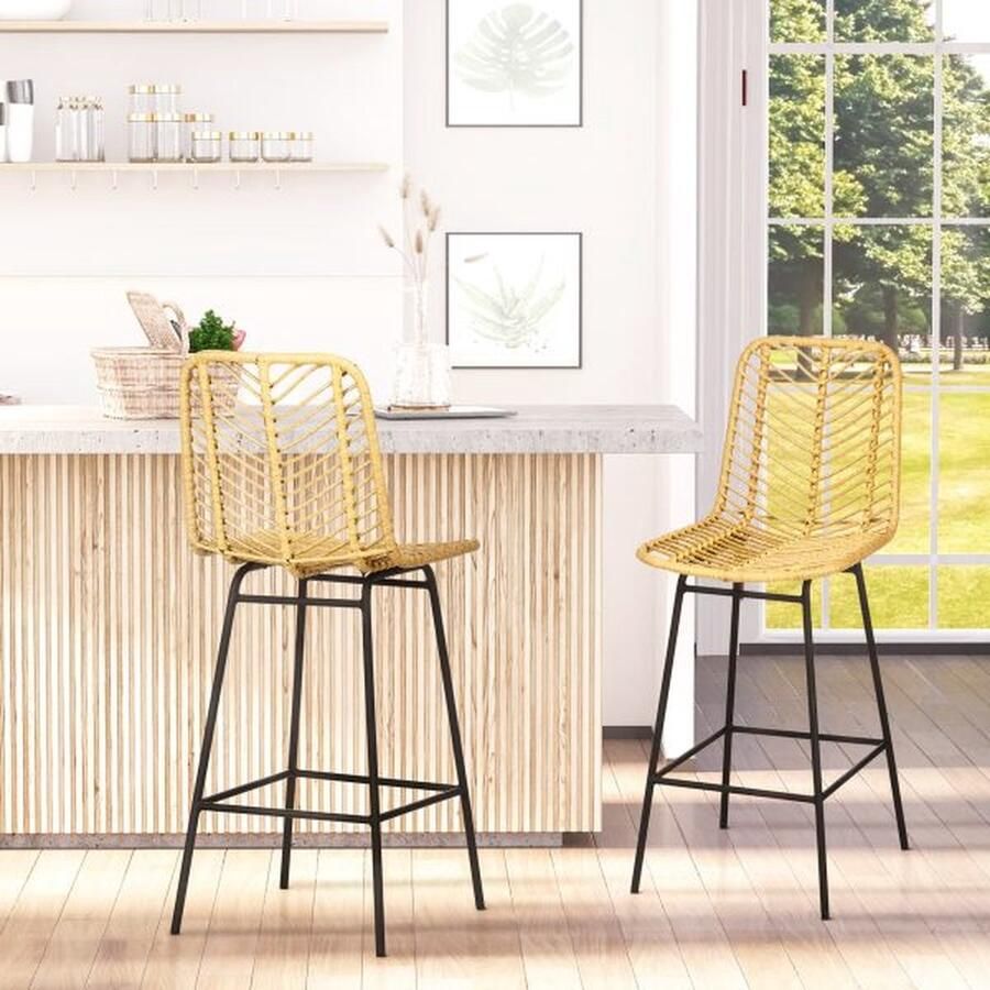 ZAZA Home Bar Stool 2 set bar stoel met rattenlook barkruk met rugleuning keukenkruk in boho -ontwerp aanrechtstoelen keuken staal geel