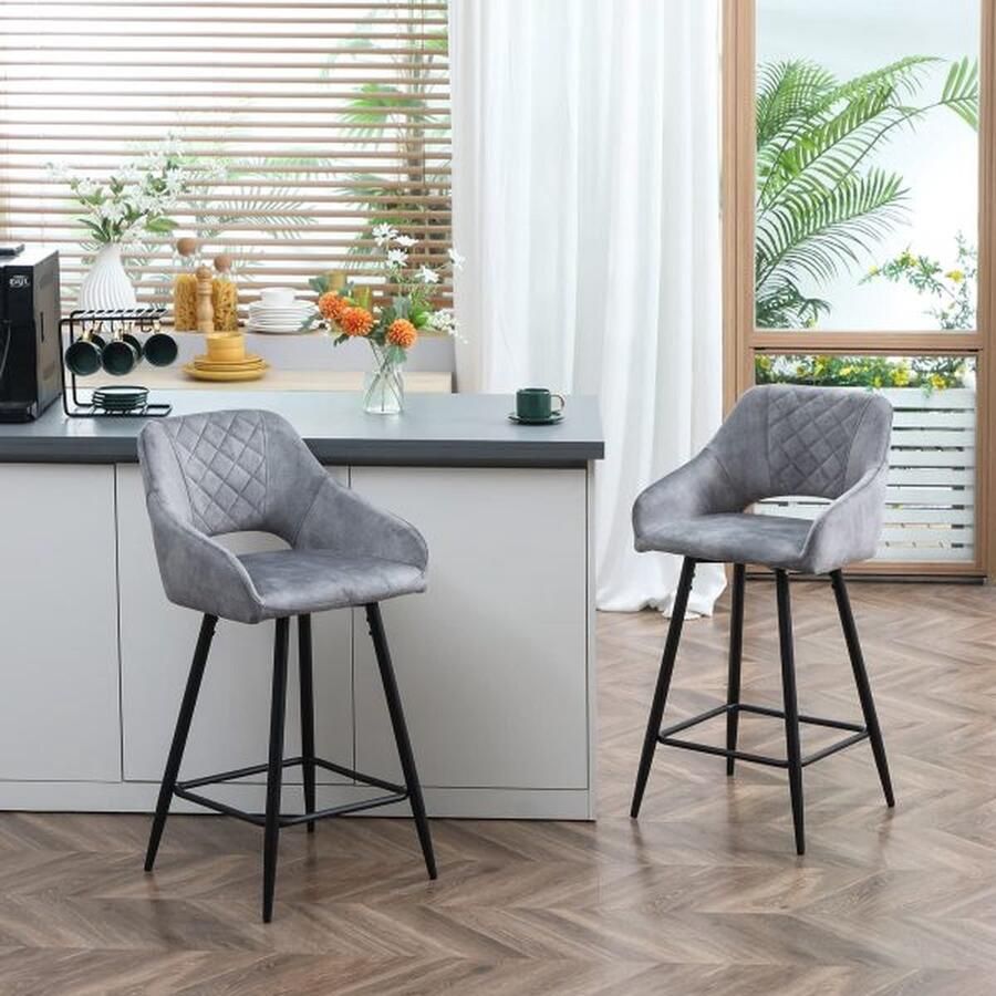 ZAZA Home Bar Stool 2 Set Bar stoelen Bistrohockers met voetsteun Velvet optiek Keukenstoel Teller Stoelbedekking voor keukeneilanden staal grijs 50 x 53 x 94 cm