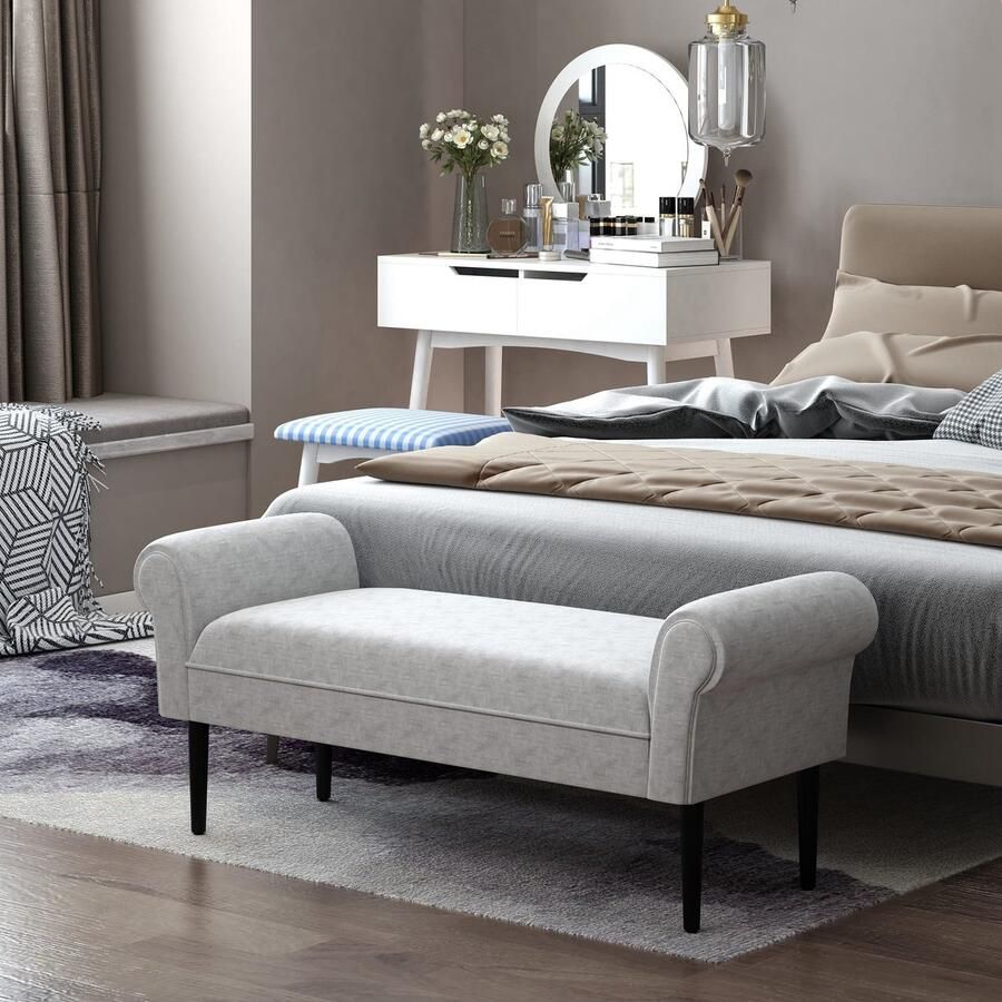ZAZA Home Bekleding bench lounge stoel haalgang bedbank elegant met opgerolde zijkant linnen schuimschuim polyester lichtgrijs