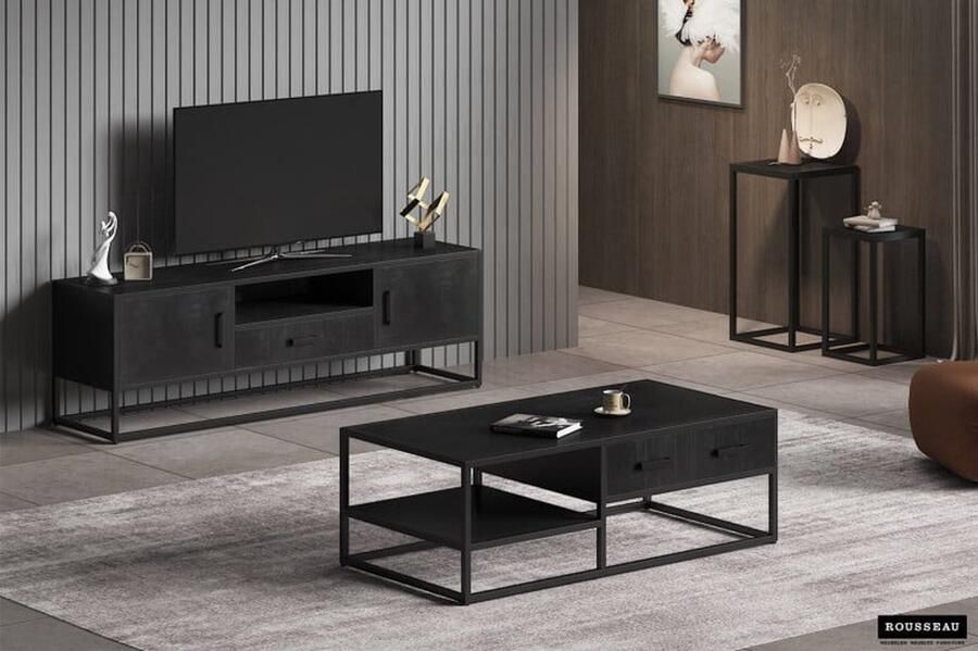 ZAZA Home Bijzettafel 'Madeira' 2-delig Mangolia zwart Structuur metaal blad exotisch hout mangolia - Foto 2