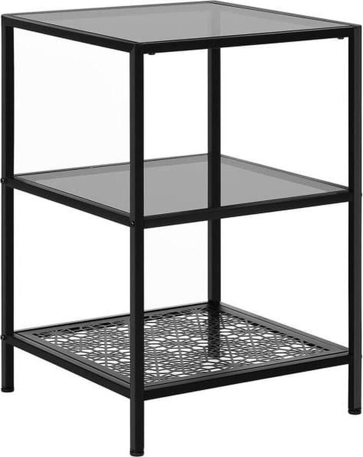 ZAZA Home Bijzettafel Met 2 Planken Van Glas Staande Plank Met İjzeren Frame Glazen Tafel Met Bloemenpatroon Robuust Gehard Glas Sgs Getest Stal Woonkamer Slaapkamer Balkon Zwart