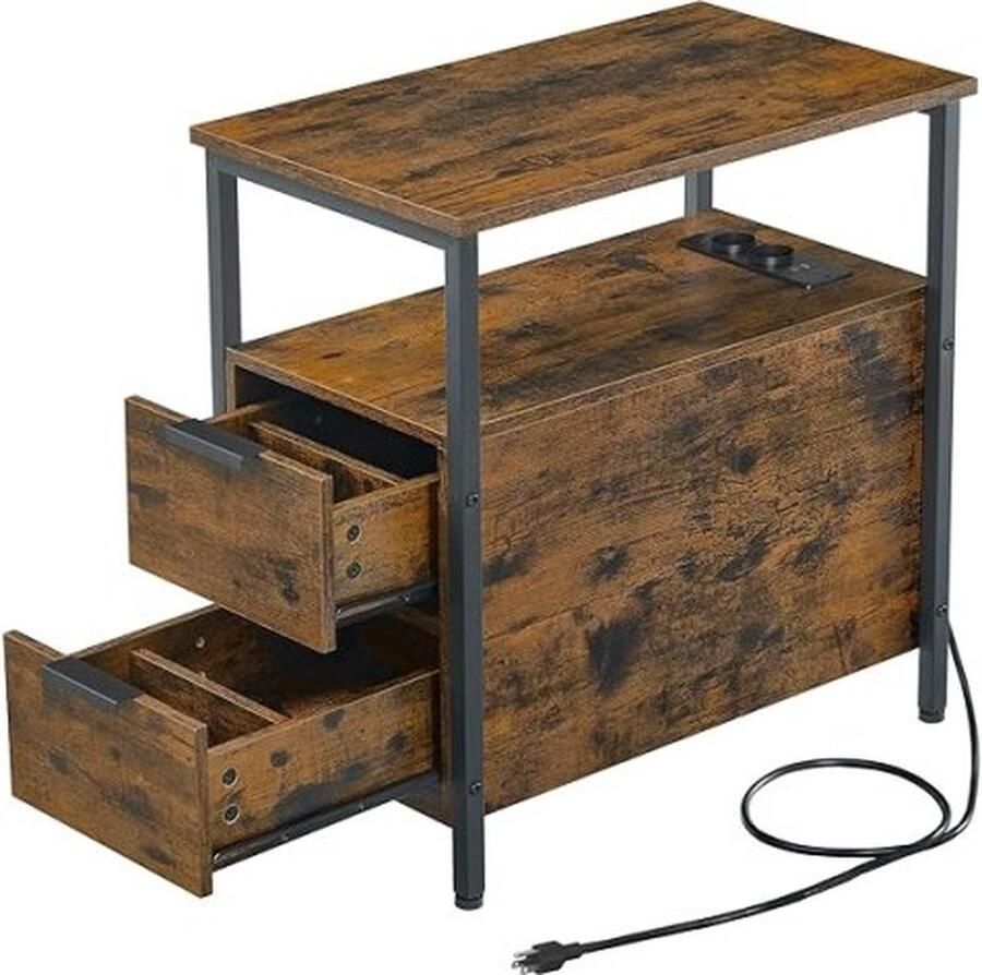 ZAZA Home Bijzettafel nachtkastje met stekkersstrip 2 laden salontafel bedtafel voor woonkamer slaapkamer vintage bruin klassiek zwart