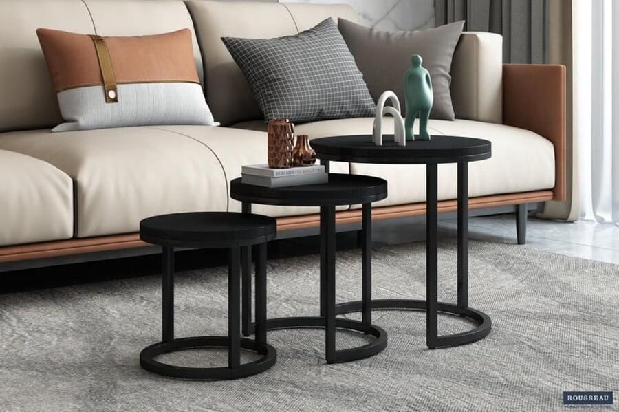 ZAZA Home Bijzettafel 'Plano' 3-delig Mangolia zwart Structuur metaal blad exotisch hout mangolia - Foto 2