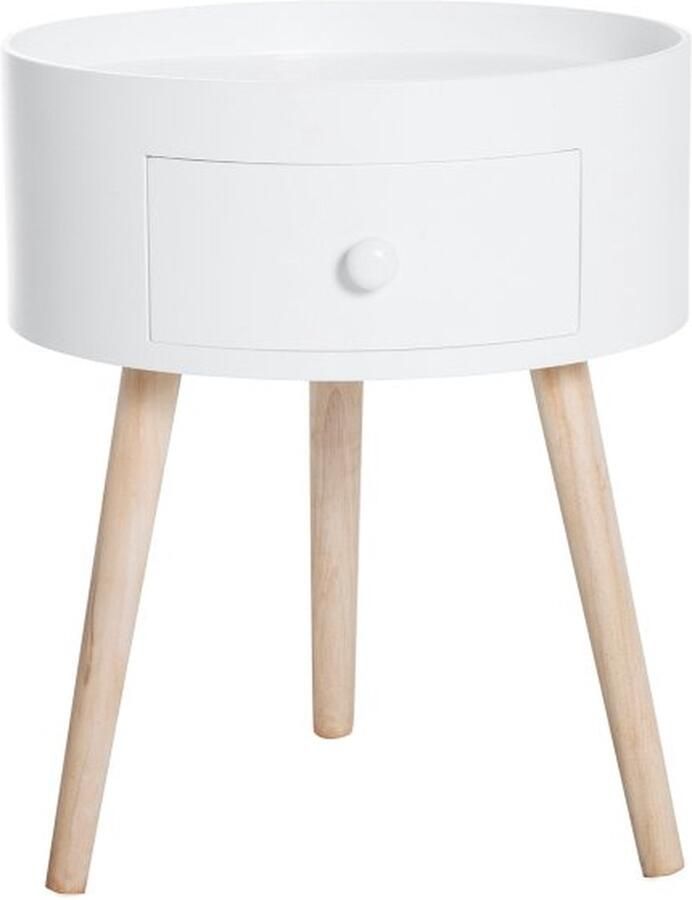 ZAZA Home ronde-bijzettafel-scandinavische-stijl-bedtafel-met-lade-en-3-houten-poten-wit-grenenhout-mdf-38x45h-cm